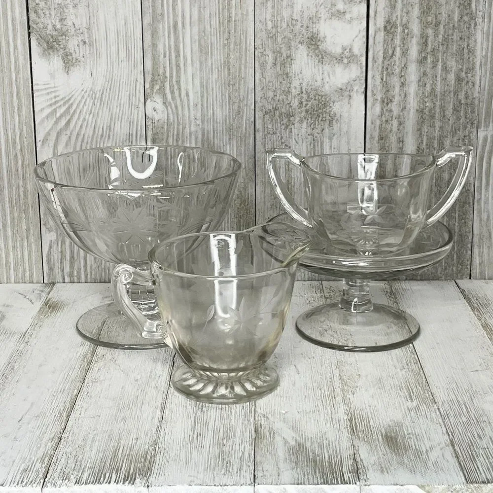 Vintage Etched Clear Depression Glass Sugar Bowl and Creamer Set 4 Pieces